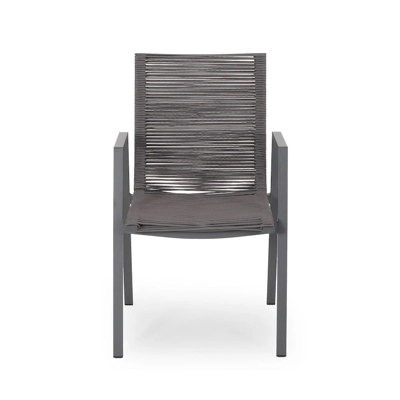 Ensemble moderne de 2 chaises de salle à manger d'extérieur avec assises en corde tressée et structure en aluminium, idéal pour la salle à manger, le salon, le balcon ou la terrasse.