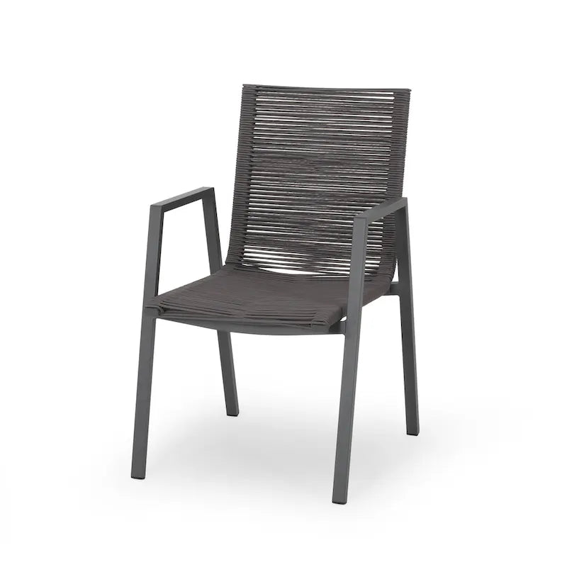 Ensemble moderne de 2 chaises de salle à manger d'extérieur avec assises en corde tressée et structure en aluminium, idéal pour la salle à manger, le salon, le balcon ou la terrasse.