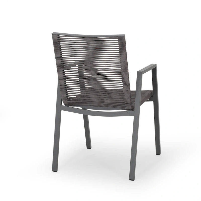 Ensemble moderne de 2 chaises de salle à manger d'extérieur avec assises en corde tressée et structure en aluminium, idéal pour la salle à manger, le salon, le balcon ou la terrasse.