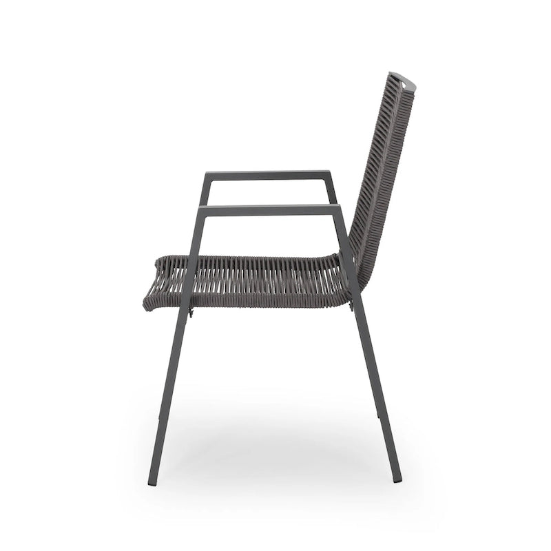 Ensemble moderne de 2 chaises de salle à manger d'extérieur avec assises en corde tressée et structure en aluminium, idéal pour la salle à manger, le salon, le balcon ou la terrasse.