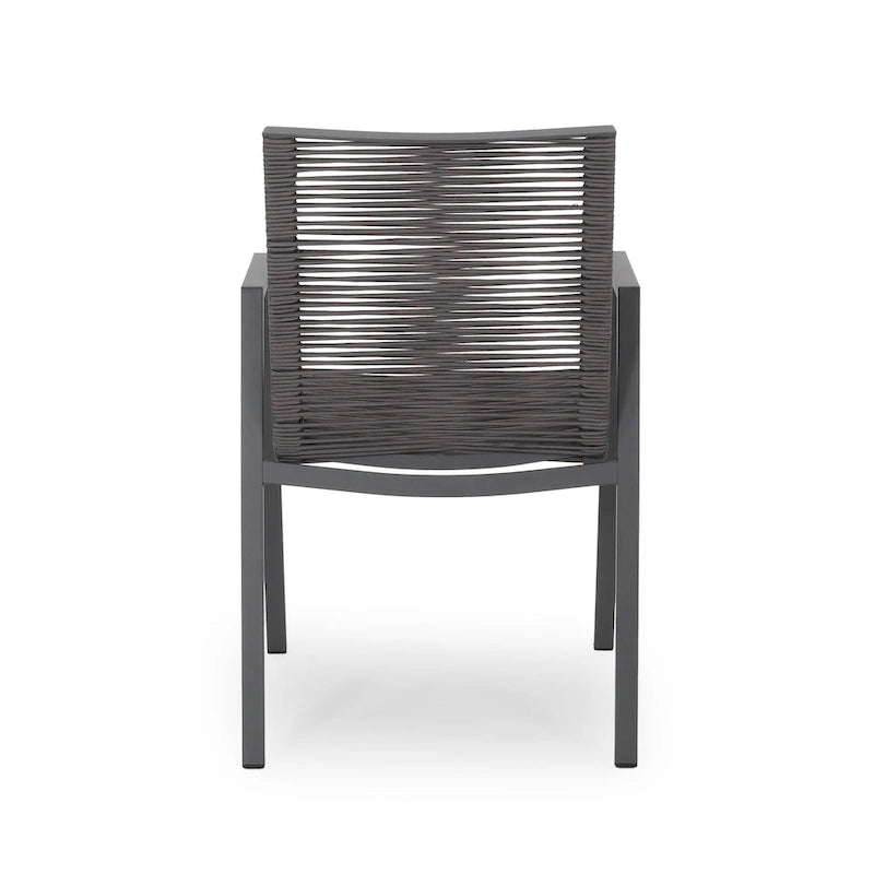 Ensemble moderne de 2 chaises de salle à manger d'extérieur avec assises en corde tressée et structure en aluminium, idéal pour la salle à manger, le salon, le balcon ou la terrasse.
