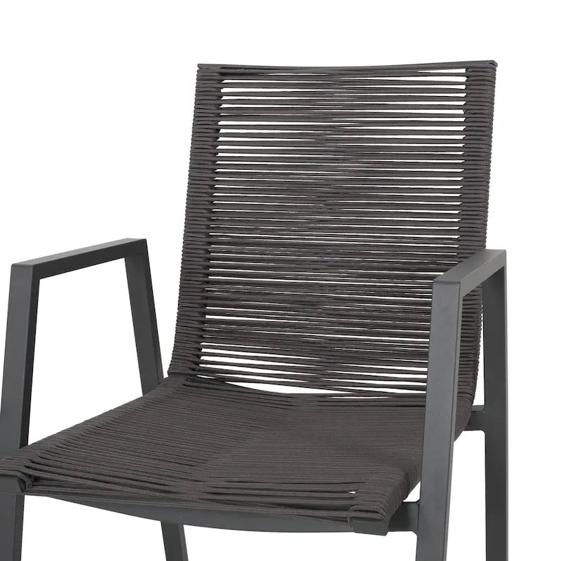 Ensemble moderne de 2 chaises de salle à manger d'extérieur avec assises en corde tressée et structure en aluminium, idéal pour la salle à manger, le salon, le balcon ou la terrasse.