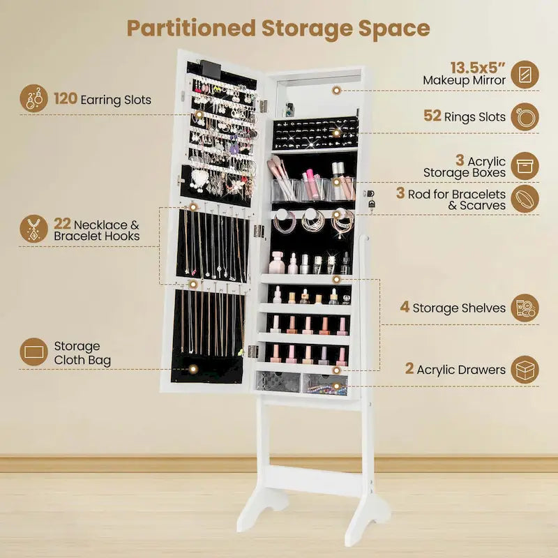 Armoire à bijoux Costway avec miroir LED et 20 lumières LED pleine longueur - Voir les détails