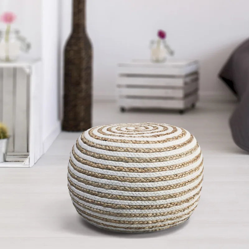 Pouf rond ottoman bicolore beige et blanc, tricoté à la main (20 pièces).