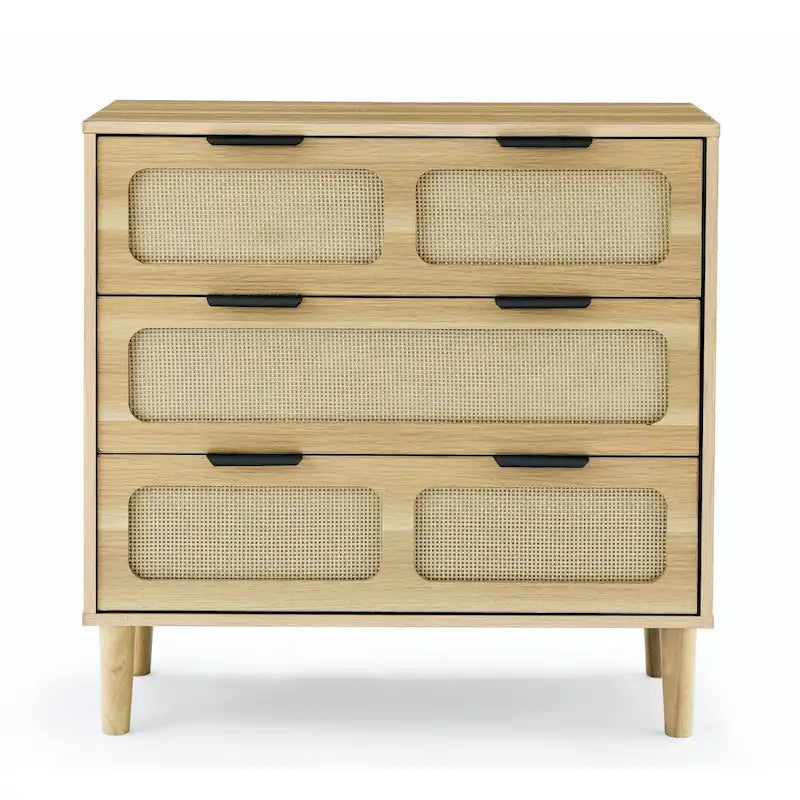 Commode de ferme en rotin à 3 tiroirs, large commode en bois avec poignées en métal