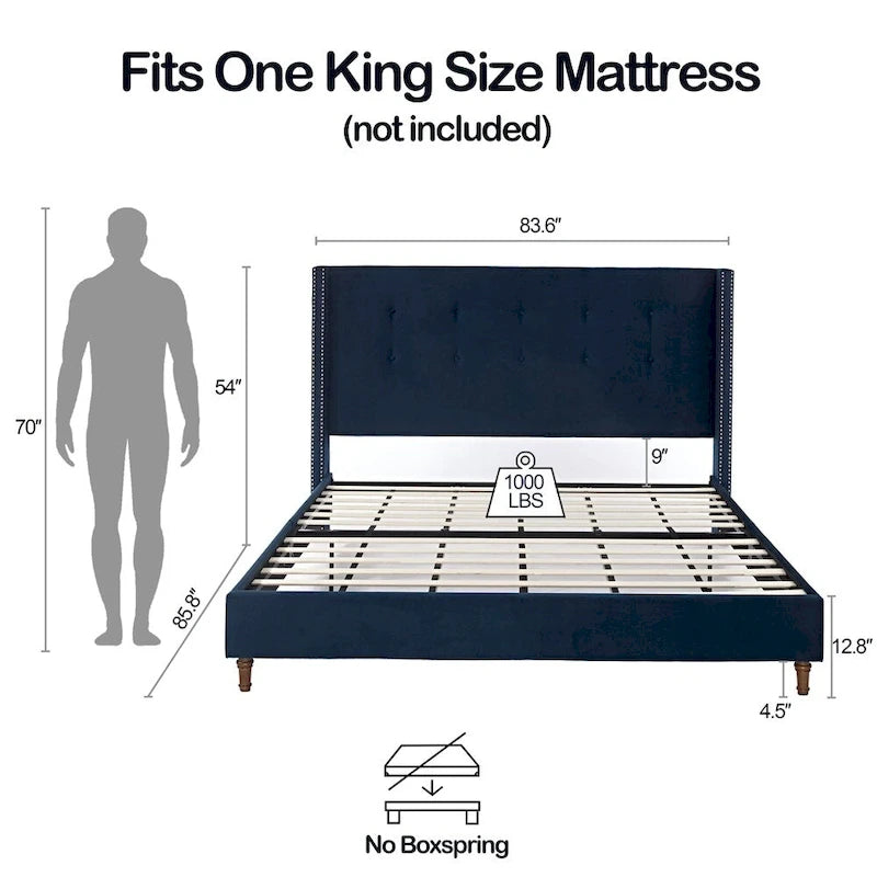 Lit King capitonné avec tête de lit de 54 pouces de haut et capitonnage à boutons