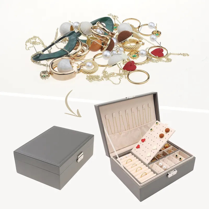 Coffret à bijoux à 2 niveaux pour fille et femme, cadeau d'anniversaire, étui de rangement en cuir PU avec tiroir et plateau à bijoux amovible.