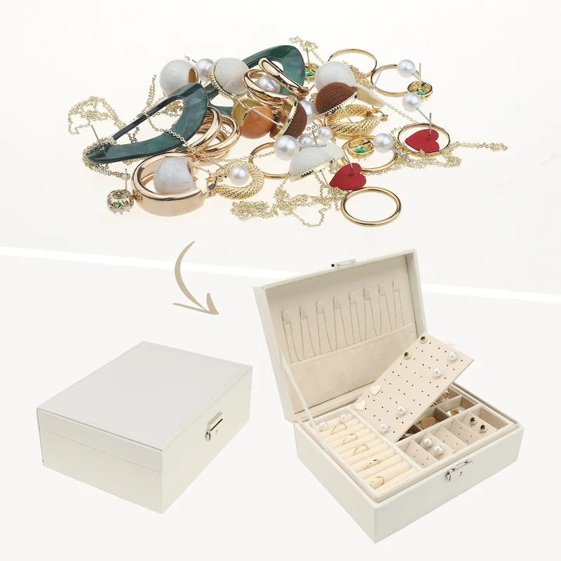 Coffret à bijoux à 2 niveaux pour fille et femme, cadeau d'anniversaire, étui de rangement en cuir PU avec tiroir et plateau à bijoux amovible.