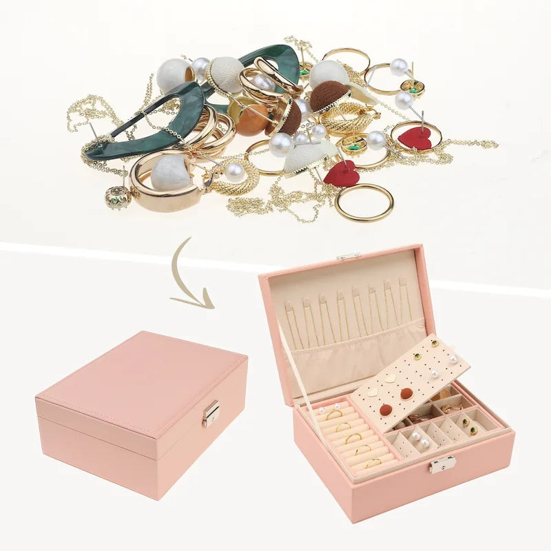 Coffret à bijoux à 2 niveaux pour fille et femme, cadeau d'anniversaire, étui de rangement en cuir PU avec tiroir et plateau à bijoux amovible.