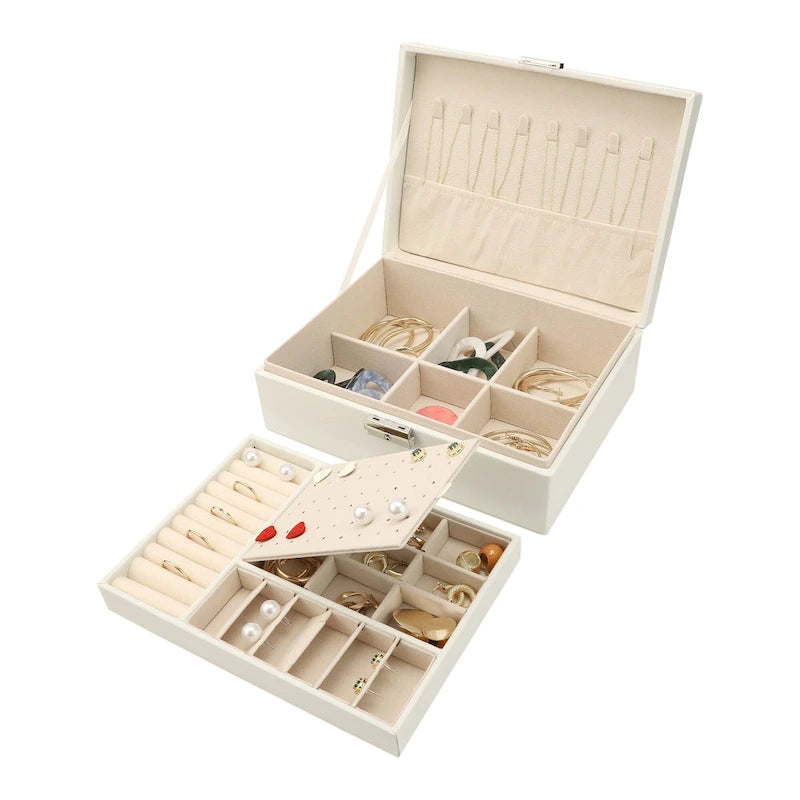 Coffret à bijoux à 2 niveaux pour fille et femme, cadeau d'anniversaire, étui de rangement en cuir PU avec tiroir et plateau à bijoux amovible.