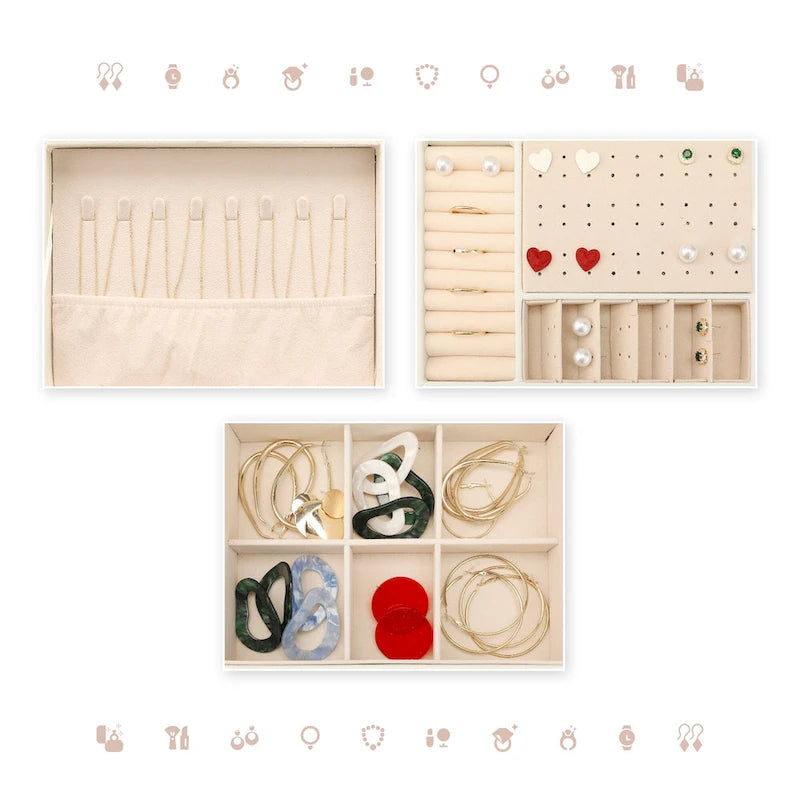 Coffret à bijoux à 2 niveaux pour fille et femme, cadeau d'anniversaire, étui de rangement en cuir PU avec tiroir et plateau à bijoux amovible.