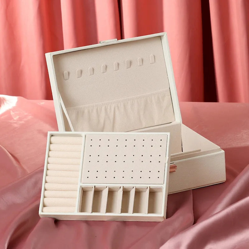 Coffret à bijoux à 2 niveaux pour fille et femme, cadeau d'anniversaire, étui de rangement en cuir PU avec tiroir et plateau à bijoux amovible.