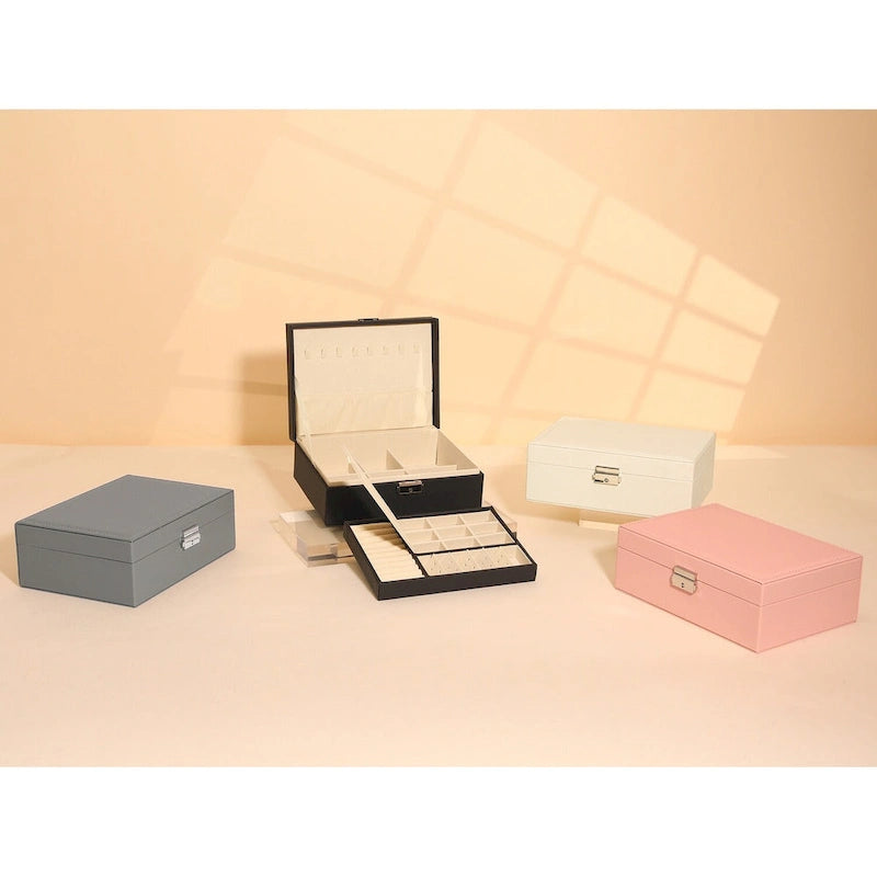 Coffret à bijoux à 2 niveaux pour fille et femme, cadeau d'anniversaire, étui de rangement en cuir PU avec tiroir et plateau à bijoux amovible.