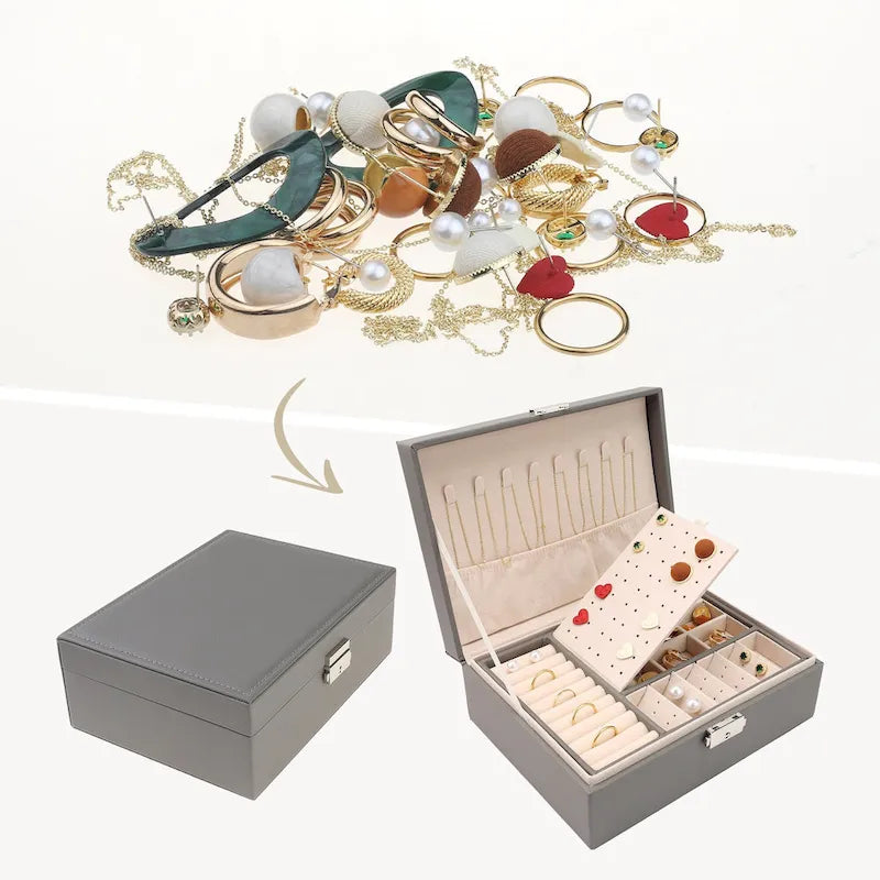 Coffret à bijoux à 2 niveaux pour fille et femme, cadeau d'anniversaire, étui de rangement en cuir PU avec tiroir et plateau à bijoux amovible.
