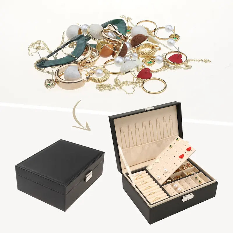 Coffret à bijoux à 2 niveaux pour fille et femme, cadeau d'anniversaire, étui de rangement en cuir PU avec tiroir et plateau à bijoux amovible.