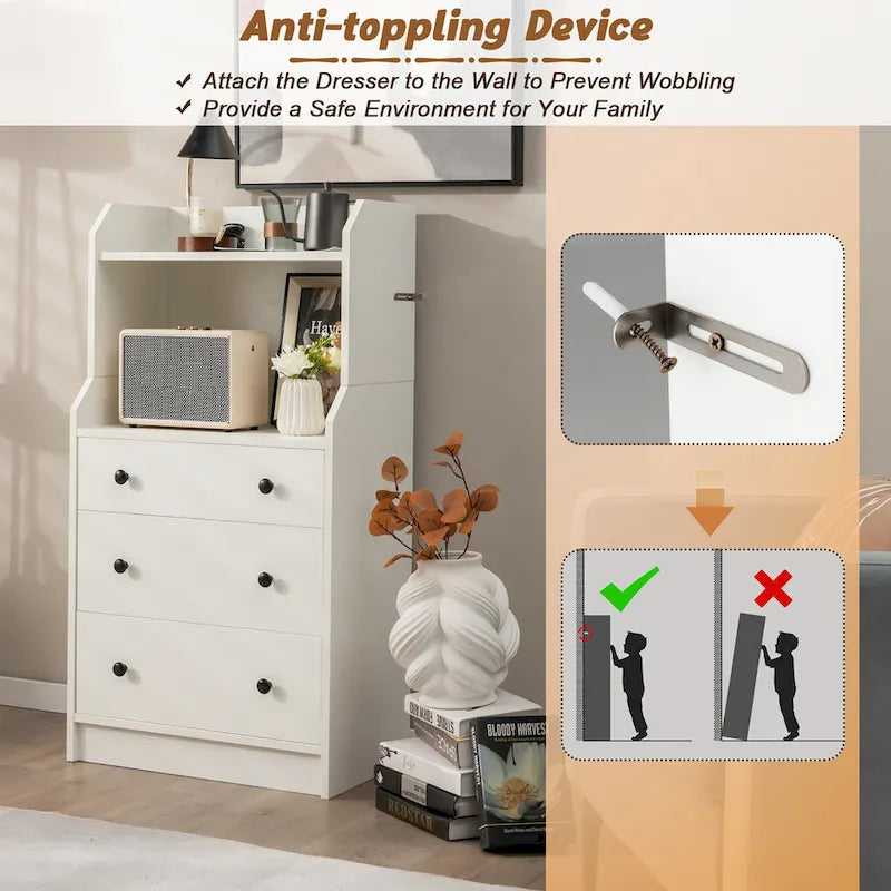 Commode Gymax à 3 tiroirs, 112 cm de haut, en bois, avec 2 tiroirs.