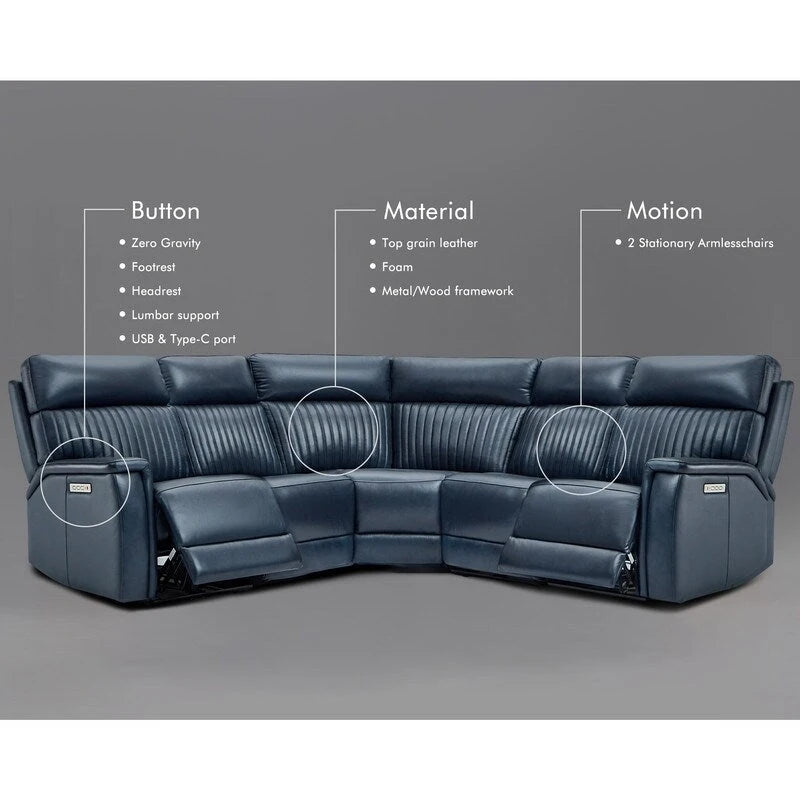 Ensemble canapé d'angle et fauteuil inclinable électrique en cuir véritable 105 W avec ports USB et USB-C, 2 fauteuils fixes sans accoudoirs