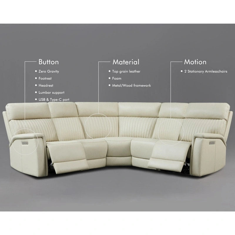 Ensemble canapé d'angle et fauteuil inclinable électrique en cuir véritable 105 W avec ports USB et USB-C, 2 fauteuils fixes sans accoudoirs