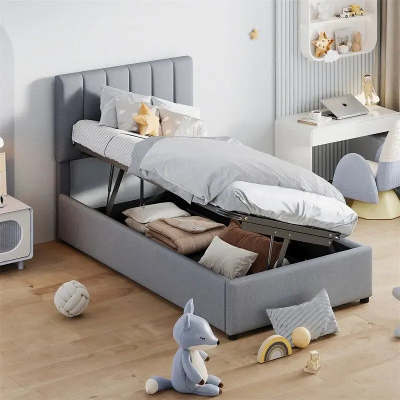 Lit coffre relevable deux places avec tête de lit et rangement sous le lit, lit plateforme rembourré avec système de rangement hydraulique