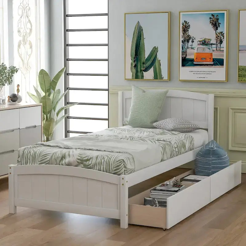 Lit plateforme simple avec deux tiroirs, blanc
