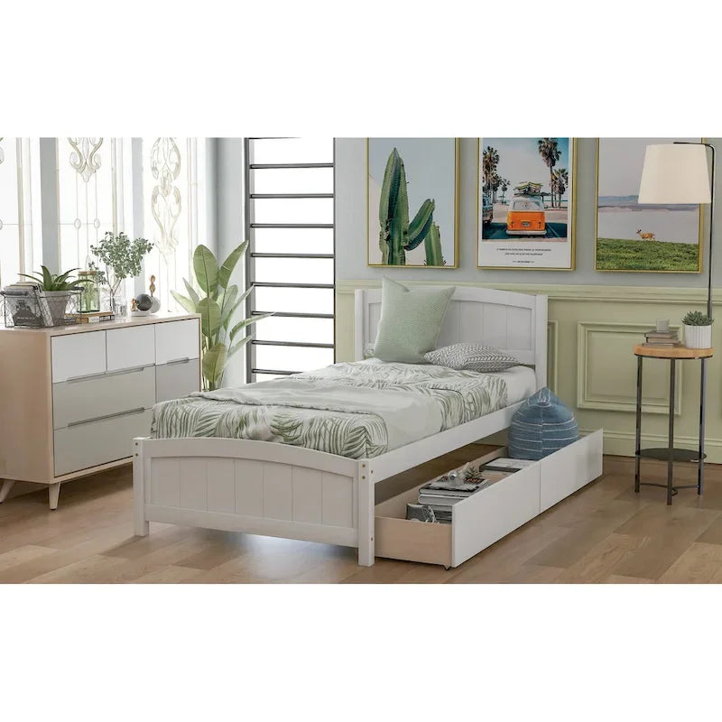 Lit plateforme simple avec deux tiroirs, blanc