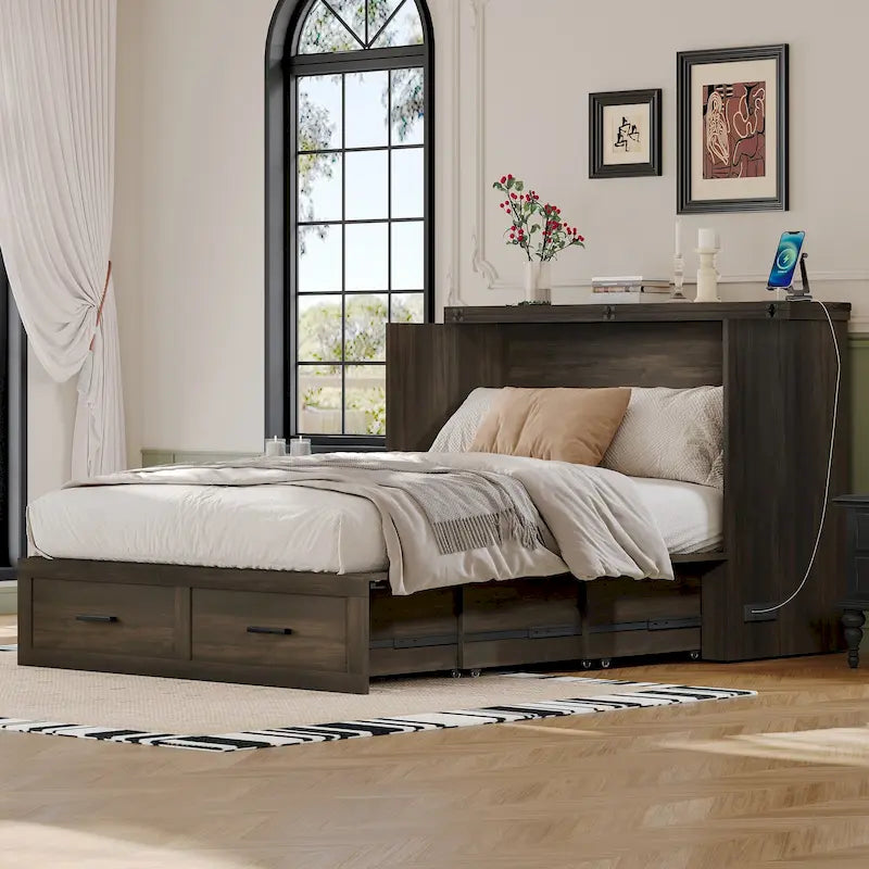 Lit plateforme escamotable pliable en bois avec grand tiroir de rangement latéral, prises électriques et ports USB