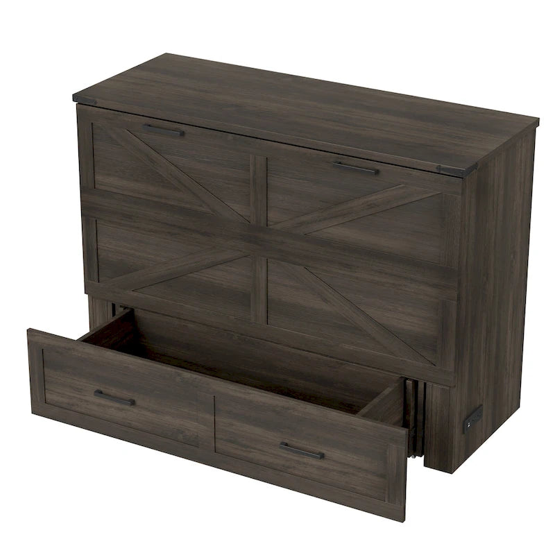 Lit plateforme escamotable pliable en bois avec grand tiroir de rangement latéral, prises électriques et ports USB