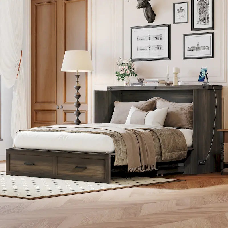 Lit plateforme escamotable pliable en bois avec grand tiroir de rangement latéral, prises électriques et ports USB