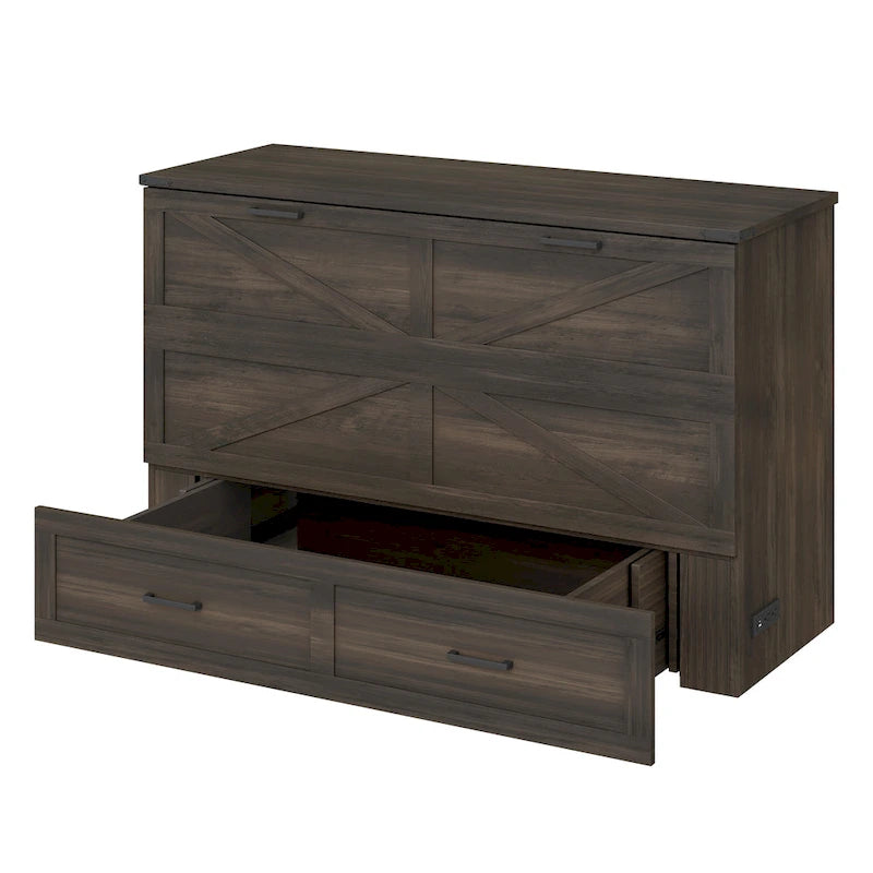 Lit plateforme escamotable pliable en bois avec grand tiroir de rangement latéral, prises électriques et ports USB
