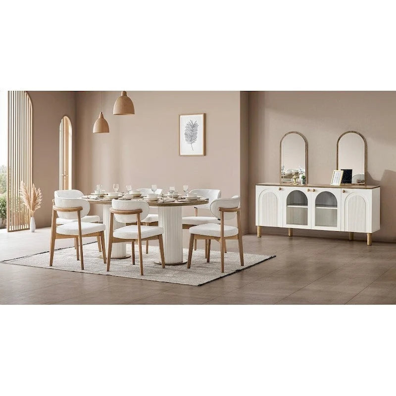 Blin 8-Piece Oval Dining Table, 6 Dining Chair With Wood Leg Set And 72 Buffet With Mirror