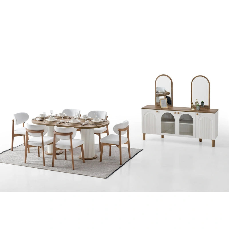 Ensemble de salle à manger ovale Blin 8 pièces, comprenant 6 chaises à pieds en bois et un buffet de 72 pouces avec miroir.