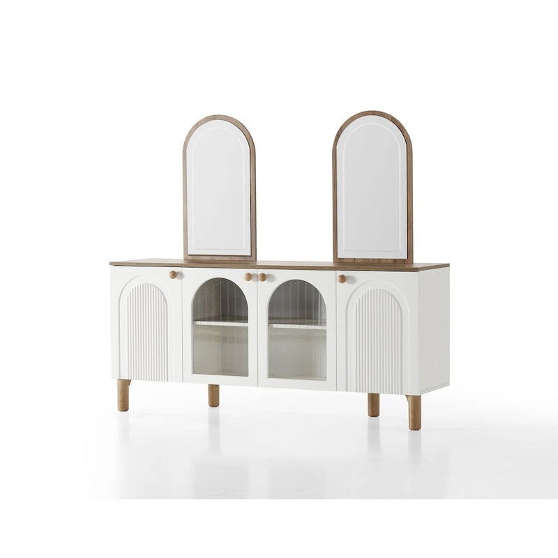 Ensemble de salle à manger ovale Blin 8 pièces, comprenant 6 chaises à pieds en bois et un buffet de 72 pouces avec miroir.