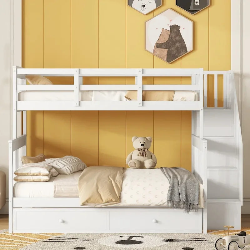 Lit superposé avec lit gigogne simple, rangement et barrière de sécurité pour chambre, dortoir, pour adultes, blanc