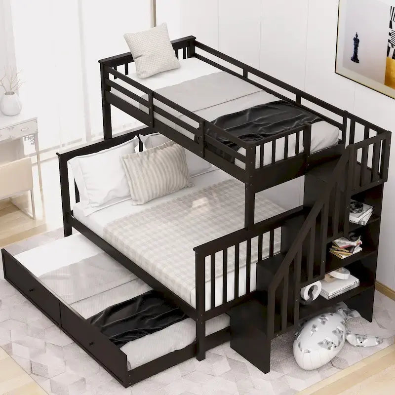 Lit superposé avec lit gigogne simple, rangement et barrière de sécurité pour chambre, dortoir, pour adultes, blanc
