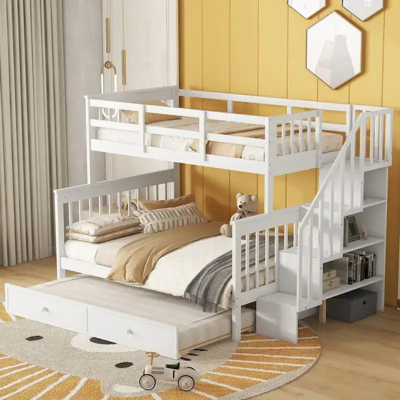 Lit superposé avec lit gigogne simple, rangement et barrière de sécurité pour chambre, dortoir, pour adultes, blanc