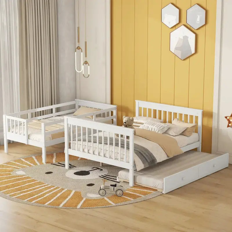 Lit superposé avec lit gigogne simple, rangement et barrière de sécurité pour chambre, dortoir, pour adultes, blanc
