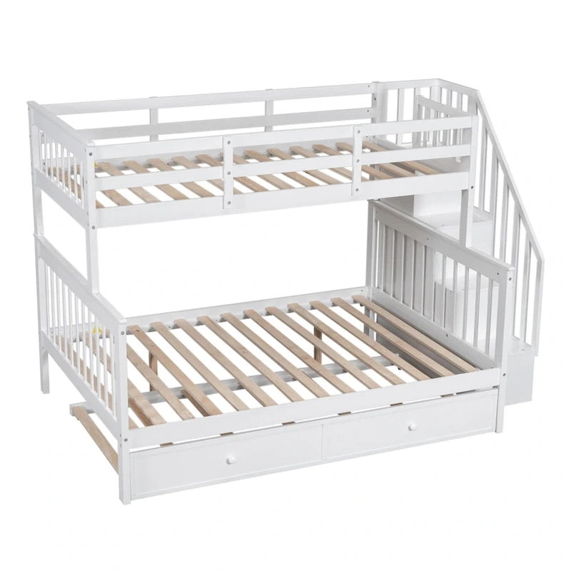 Lit superposé avec lit gigogne simple, rangement et barrière de sécurité pour chambre, dortoir, pour adultes, blanc