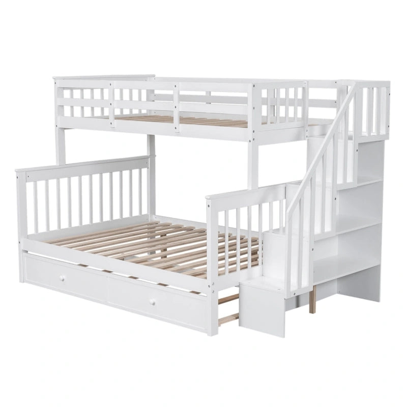 Lit superposé avec lit gigogne simple, rangement et barrière de sécurité pour chambre, dortoir, pour adultes, blanc
