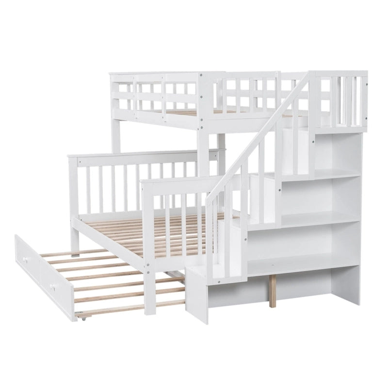 Lit superposé avec lit gigogne simple, rangement et barrière de sécurité pour chambre, dortoir, pour adultes, blanc