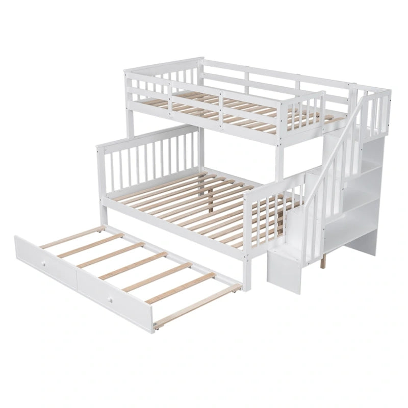 Lit superposé avec lit gigogne simple, rangement et barrière de sécurité pour chambre, dortoir, pour adultes, blanc