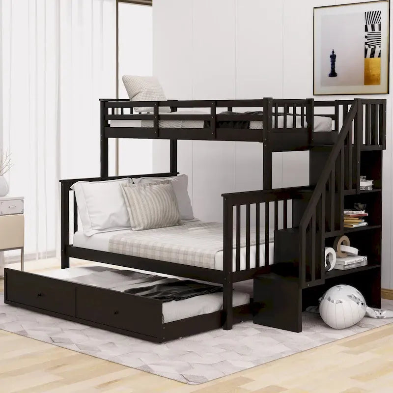 Lit superposé avec lit gigogne simple, rangement et barrière de sécurité pour chambre, dortoir, pour adultes, blanc