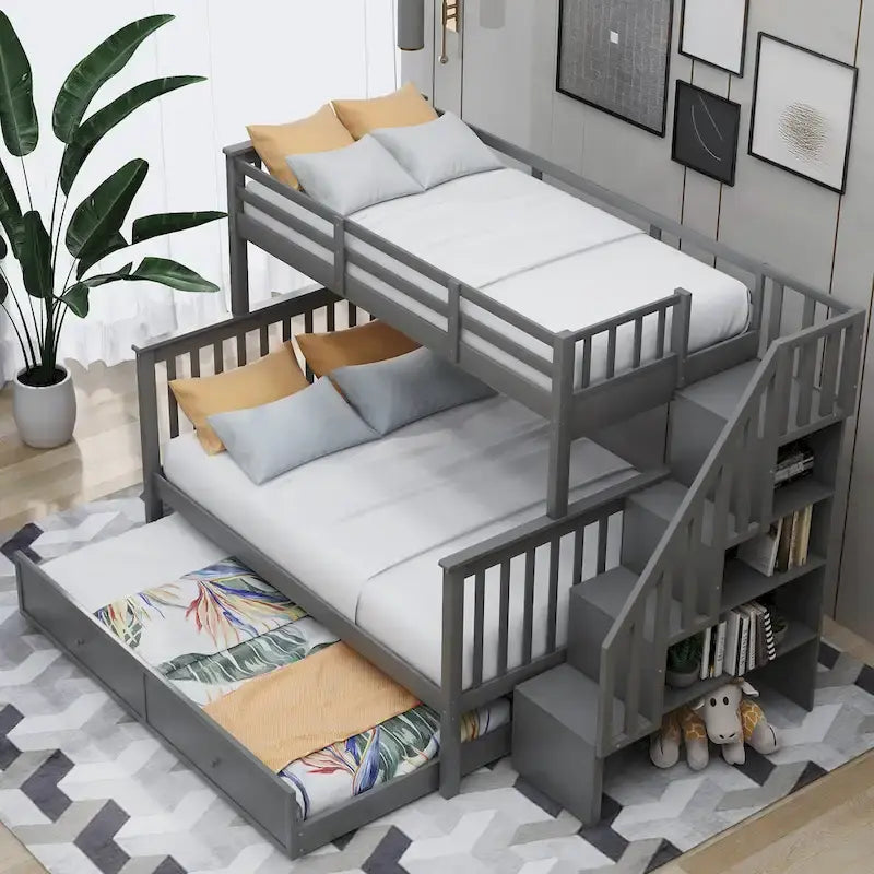 Lit superposé avec lit gigogne simple, rangement et barrière de sécurité pour chambre, dortoir, pour adultes, blanc