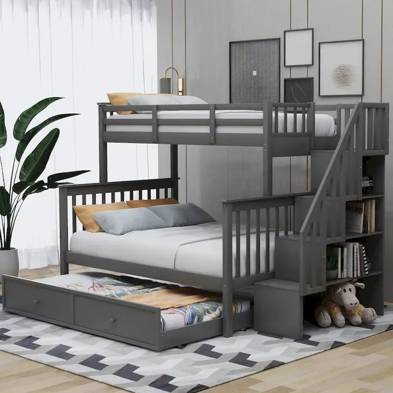 Lit superposé avec lit gigogne simple, rangement et barrière de sécurité pour chambre, dortoir, pour adultes, blanc