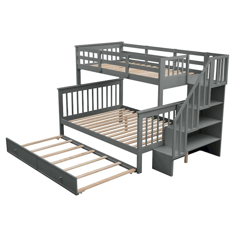 Lit superposé avec lit gigogne simple, rangement et barrière de sécurité pour chambre, dortoir, pour adultes, blanc