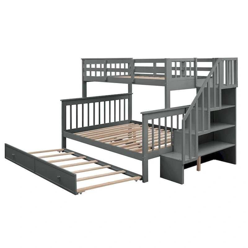 Lit superposé avec lit gigogne simple, rangement et barrière de sécurité pour chambre, dortoir, pour adultes, blanc
