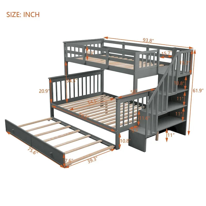Lit superposé avec lit gigogne simple, rangement et barrière de sécurité pour chambre, dortoir, pour adultes, blanc