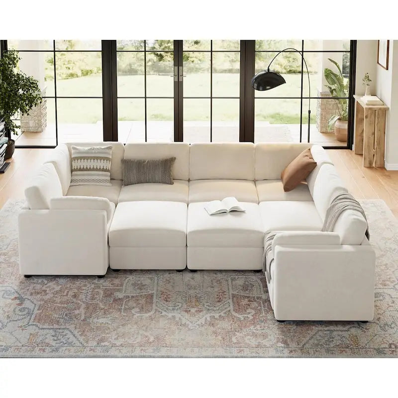 Canapé d'angle modulable en forme de U, canapé surdimensionné 9 places avec 2 poufs de rangement, 2 coussins, canapé moderne et confortable à assise profonde