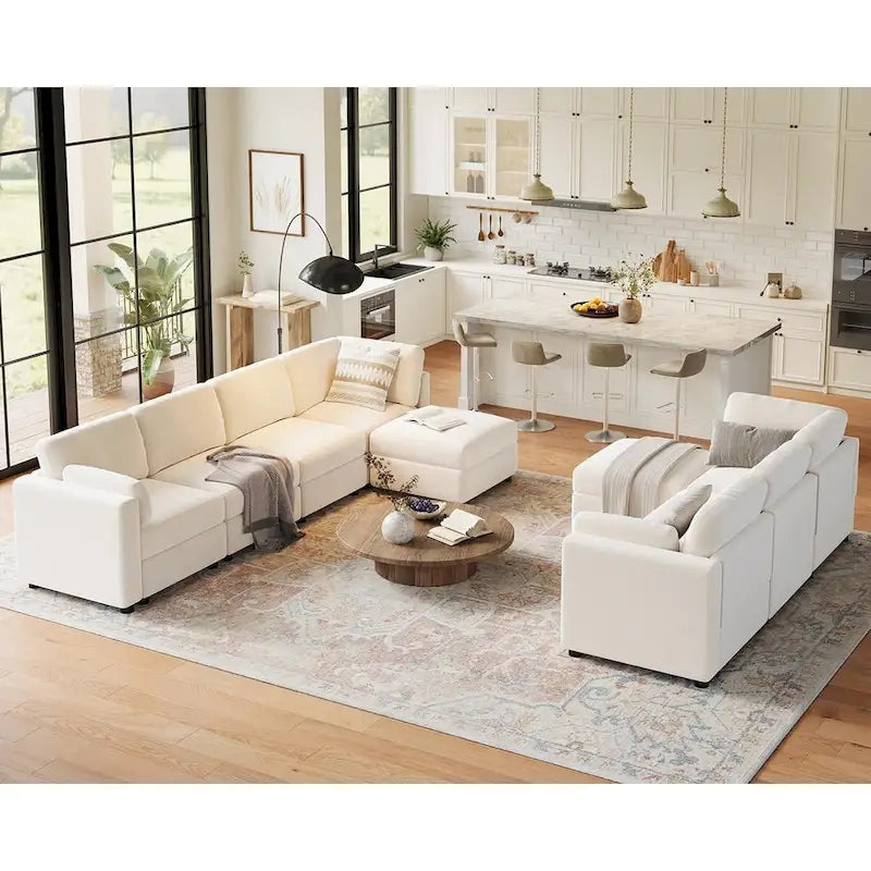 Canapé d'angle modulable en forme de U, canapé surdimensionné 9 places avec 2 poufs de rangement, 2 coussins, canapé moderne et confortable à assise profonde