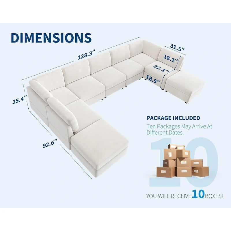 Canapé d'angle modulable en forme de U, canapé surdimensionné 9 places avec 2 poufs de rangement, 2 coussins, canapé moderne et confortable à assise profonde