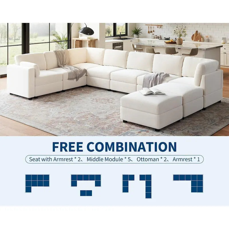 Canapé d'angle modulable en forme de U, canapé surdimensionné 9 places avec 2 poufs de rangement, 2 coussins, canapé moderne et confortable à assise profonde